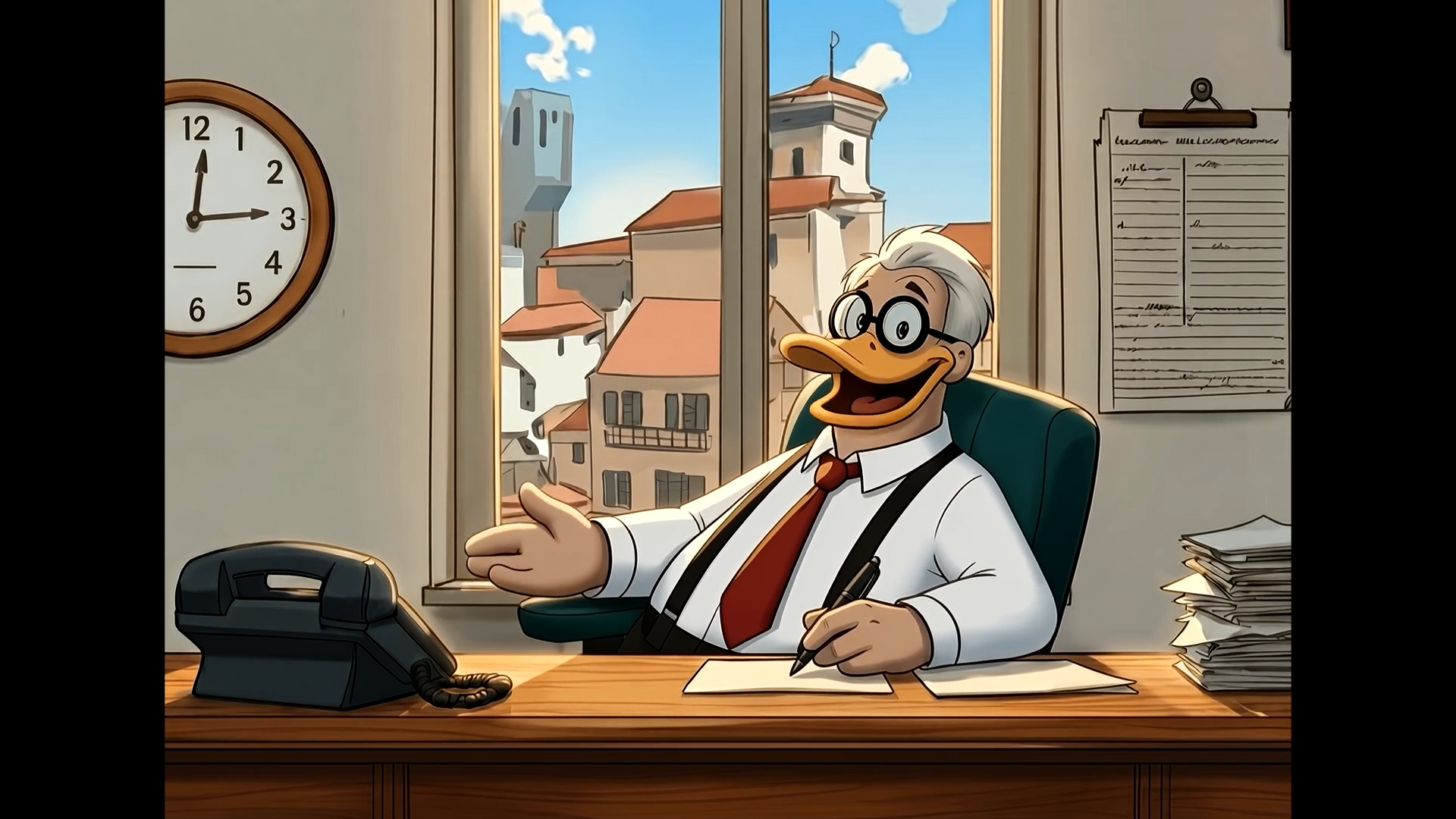 Duck character at an office desk