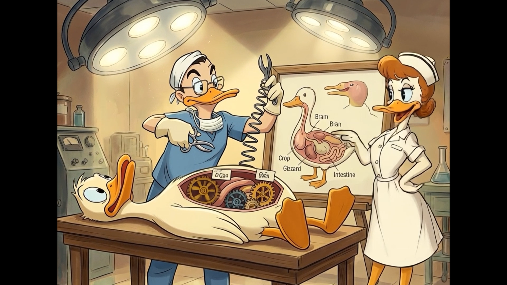 Animated duck characters in an operating theatre